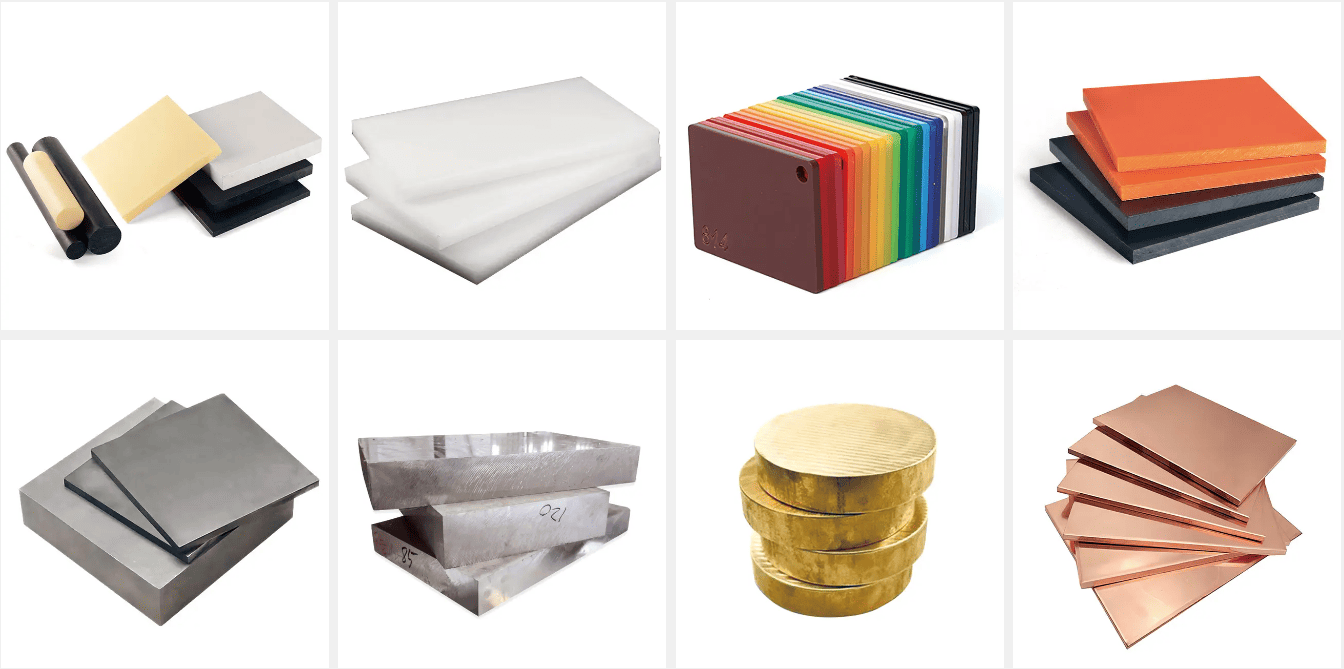 CNC Materials Plastics : ABS, PP, PMMA（Acrylic), PC, POM(Delrin), PBT, Nylon(PA), PU, RESIN，PEEK,PE,PTFE(Teflon),G-10(FR-4), PVC,EVA,EPS, Ultum 1000( AMBER PEI ) Metals: Stainless Steel, Steel, Aluminium, Brass, Copper, Iron,Magnesium,Tool steel,Alloy Steel